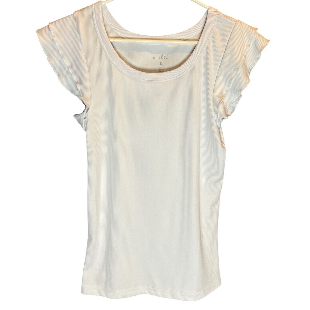 Just Be White Ribbed Ruffle Cap Sleeve Scoop Neck Top Size Small Slim Fit
